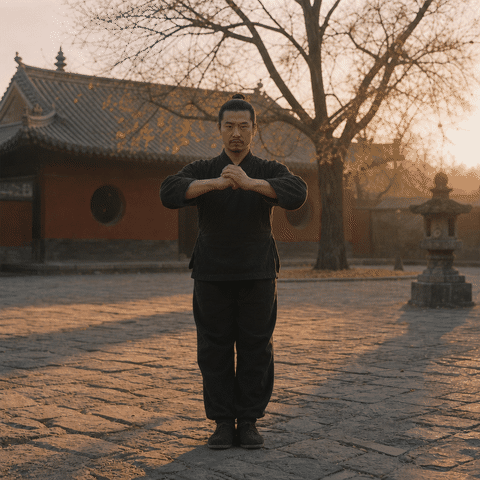 A kung fu practitioner in a temple courtyard at sunset bows to you, fist wrapped in palm.
