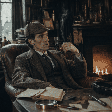 A Victorian detective in a deerstalker draws on a calabash pipe beside a coal fire, thinking.